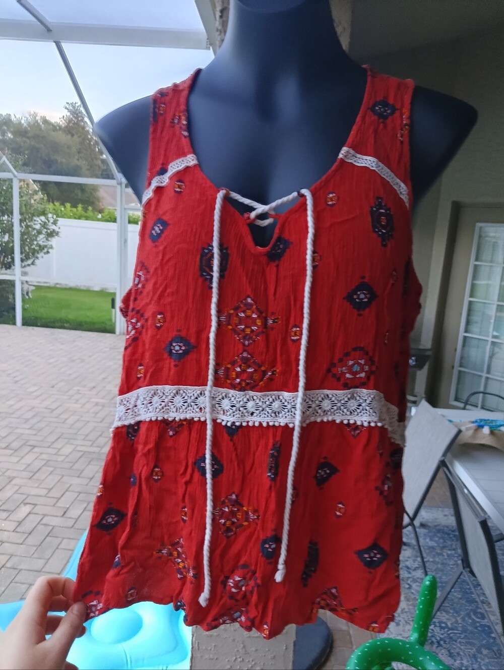 NWOT boho tie front  orange azetc crochet top